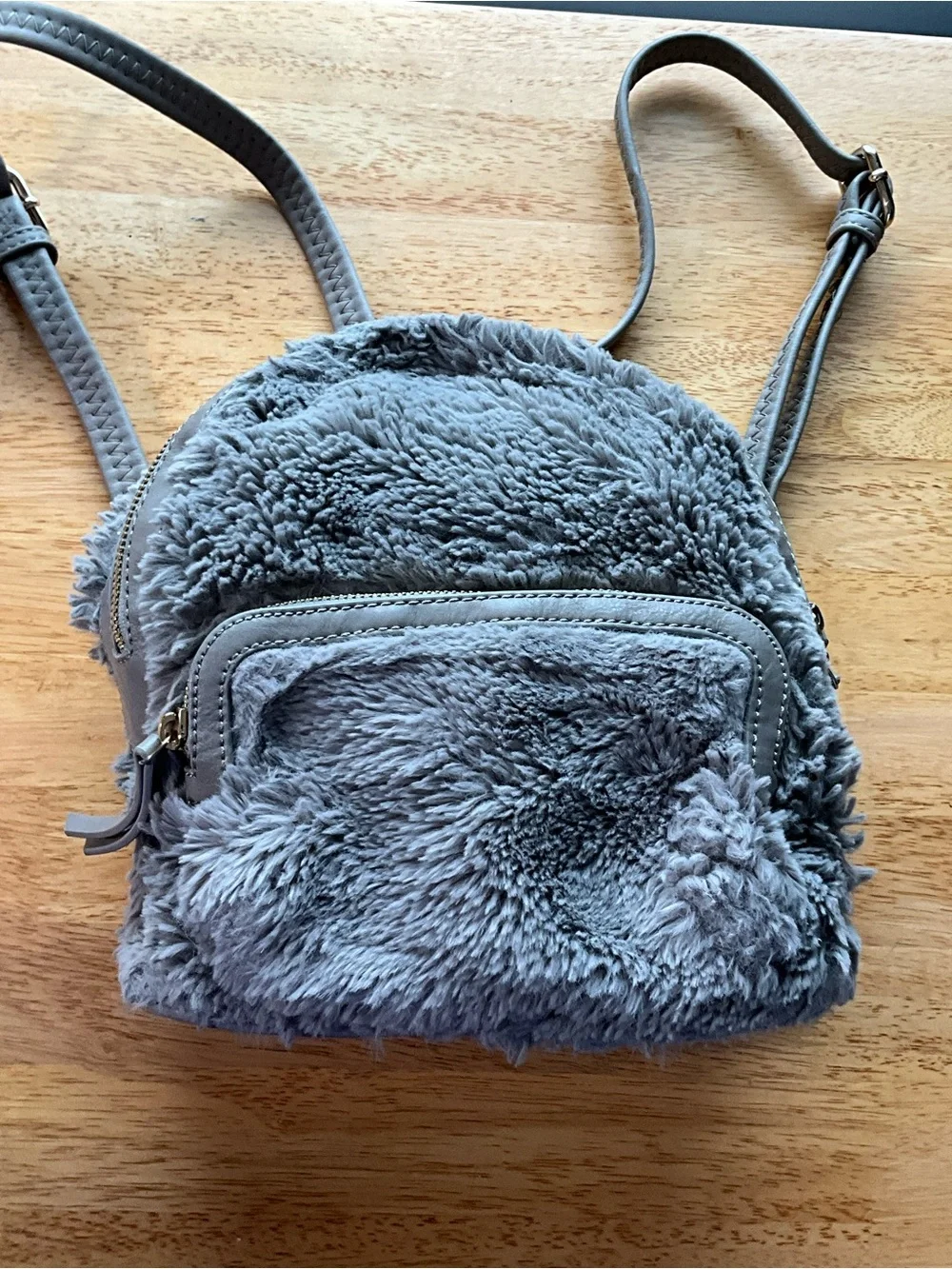 Grey Faux Fur Mini Backpack Plush Teddy Convertible Bag Small 9”x12” Soft